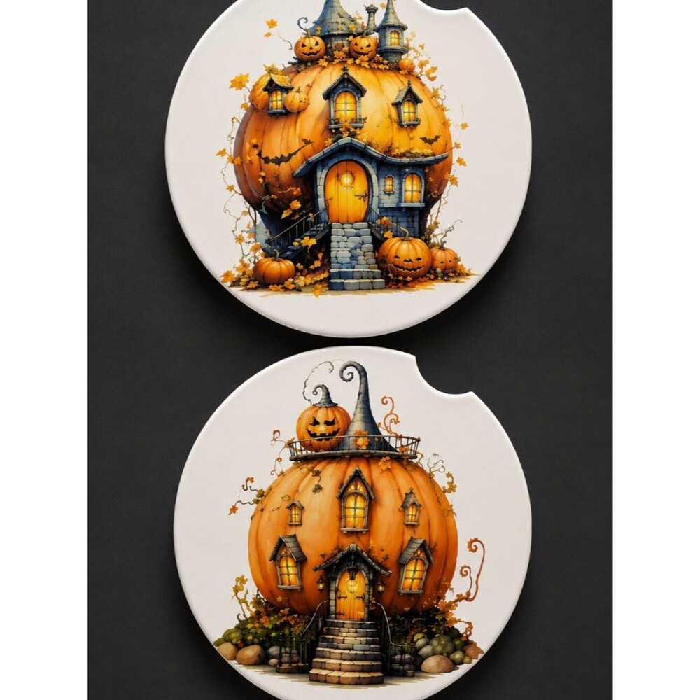 Handmade Fairy Pumpkin House Sandstone Car Coasters | Set of 2 | Autumn Decor